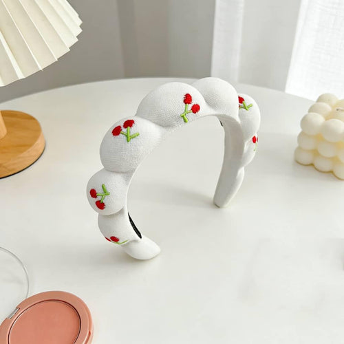 Braided Headband with Embroidered Red Flower Design, White, Padded Hair Accessory