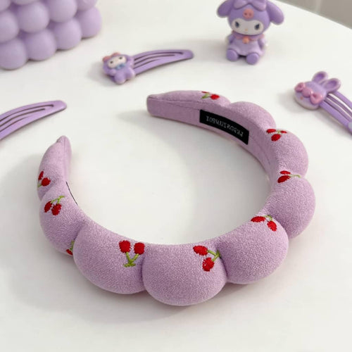 Puffy Braided Headband with Cherry Embroidery, Purple Padded Hair Band, Cute Fruit Design Fashion Accessory for Women and Girls
