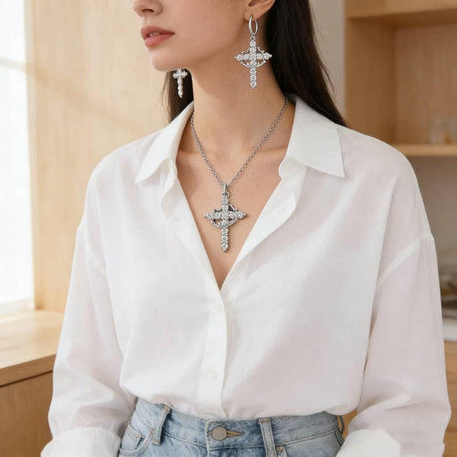 Crystal Cross Necklace and Earrings Set, Silver Tone, Rhinestone Embellished, Dangle Drop Earrings with Pendant