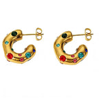 Gold Chunky Hoop Earrings with Multicolor Crystals, Stud Back, 1.6cm x 1.8cm, 10.6g