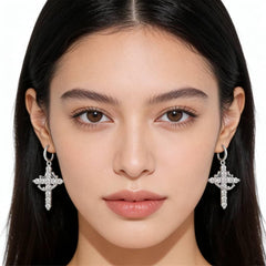 Crystal Cross Necklace and Earrings Set, Silver Tone, Rhinestone Embellished, Dangle Drop Earrings with Pendant