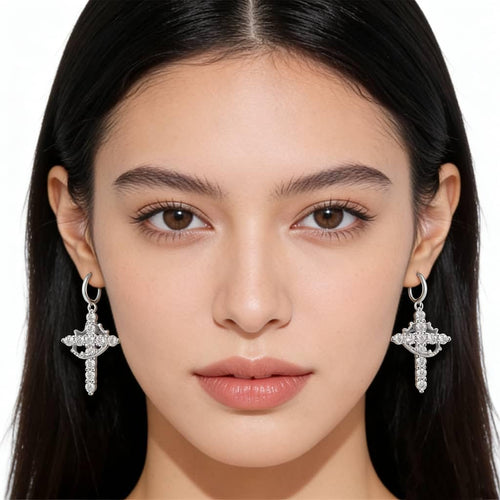 Crystal Cross Necklace and Earrings Set, Silver Tone, Rhinestone Embellished, Dangle Drop Earrings with Pendant