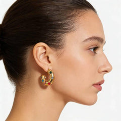Gold Chunky Hoop Earrings with Multicolor Crystals, Stud Back, 1.6cm x 1.8cm, 10.6g