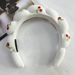 Braided Headband with Embroidered Red Flower Design, White, Padded Hair Accessory