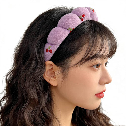 Puffy Braided Headband with Cherry Embroidery, Purple Padded Hair Band, Cute Fruit Design Fashion Accessory for Women and Girls