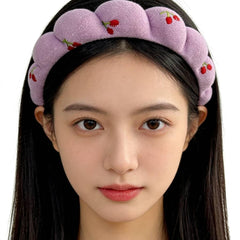 Puffy Braided Headband with Cherry Embroidery, Purple Padded Hair Band, Cute Fruit Design Fashion Accessory for Women and Girls