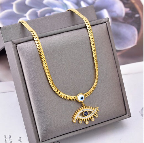 Gold Cuban Necklace with Diamond Evil Eye