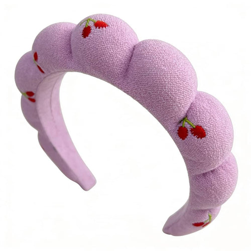 Puffy Braided Headband with Cherry Embroidery, Purple Padded Hair Band, Cute Fruit Design Fashion Accessory for Women and Girls