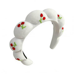 Braided Headband with Embroidered Red Flower Design, White, Padded Hair Accessory