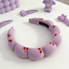 Puffy Braided Headband with Cherry Embroidery, Purple Padded Hair Band, Cute Fruit Design Fashion Accessory for Women and Girls