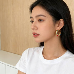 Gold Chunky Hoop Earrings with Multicolor Crystals, Stud Back, 1.6cm x 1.8cm, 10.6g