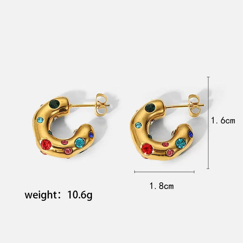 Gold Chunky Hoop Earrings with Multicolor Crystals, Stud Back, 1.6cm x 1.8cm, 10.6g