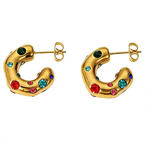 Gold Chunky Hoop Earrings with Multicolor Crystals, Stud Back, 1.6cm x 1.8cm, 10.6g