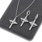 Crystal Cross Necklace and Earrings Set, Silver Tone, Rhinestone Embellished, Dangle Drop Earrings with Pendant