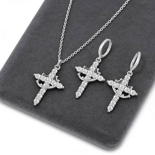 Crystal Cross Necklace and Earrings Set, Silver Tone, Rhinestone Embellished, Dangle Drop Earrings with Pendant