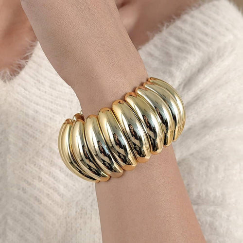 Chunky Gold Twisted Croissant Bracelet, Statement Cuff Bangle, Dome Design
