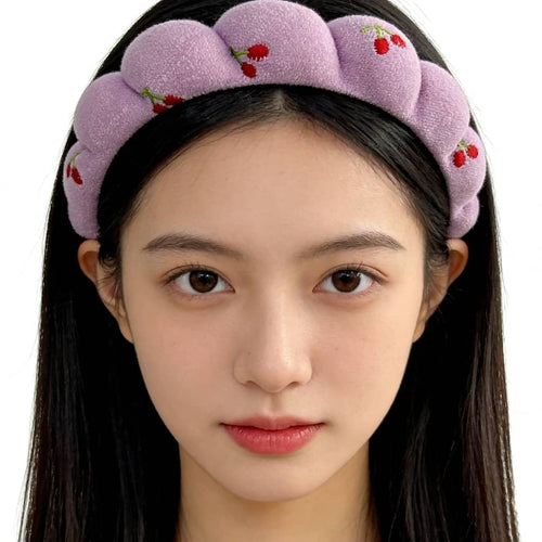 Puffy Braided Headband with Cherry Embroidery, Purple Padded Hair Band, Cute Fruit Design Fashion Accessory for Women and Girls