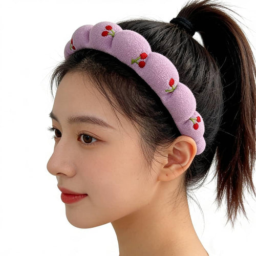 Puffy Braided Headband with Cherry Embroidery, Purple Padded Hair Band, Cute Fruit Design Fashion Accessory for Women and Girls