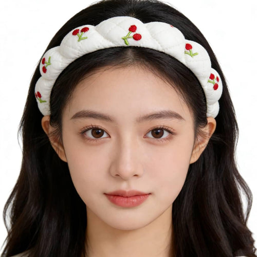 Braided Headband with Embroidered Red Flower Design, White, Padded Hair Accessory