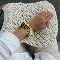 Chunky Gold Twisted Croissant Bracelet, Statement Cuff Bangle, Dome Design