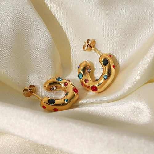 Gold Chunky Hoop Earrings with Multicolor Crystals, Stud Back, 1.6cm x 1.8cm, 10.6g