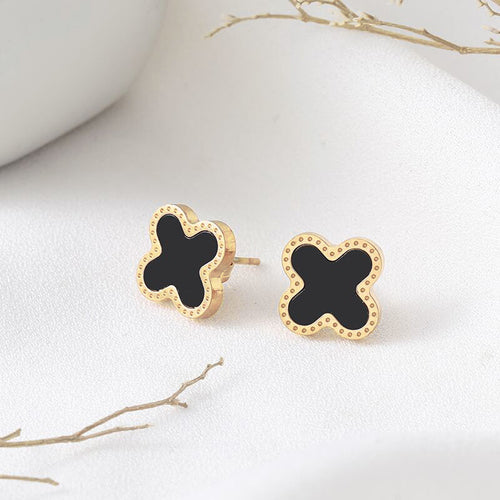 Plain Black Lucky Leaf Gold Earrings